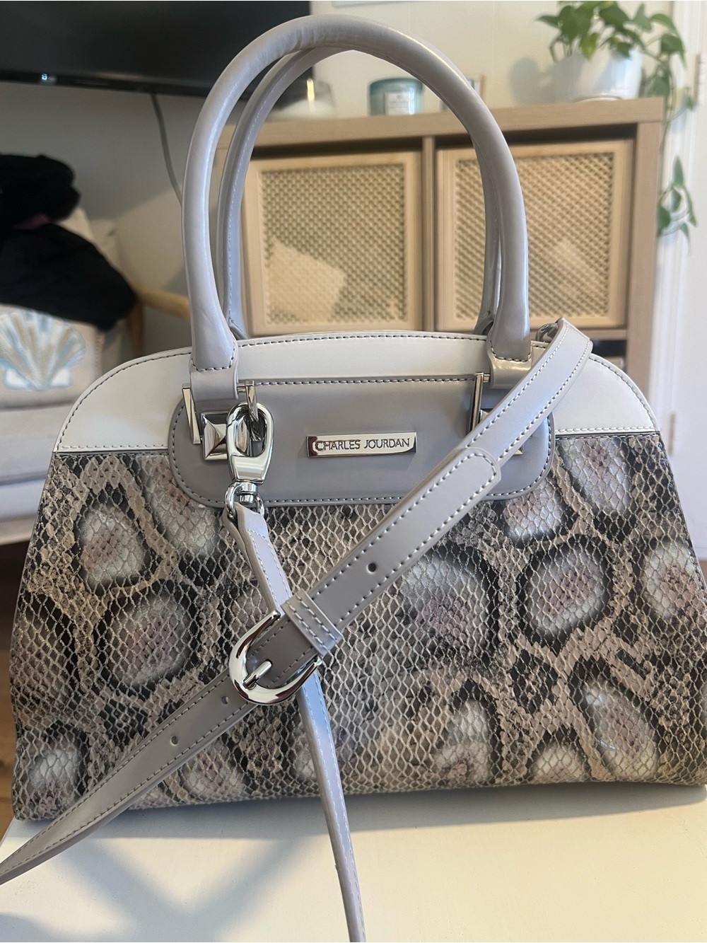 Charles Jourdan Gray and Beige Snake-Print Satchel